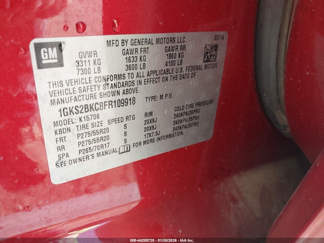 1GKS2BKC8FR109918 GMC YUKON SLT