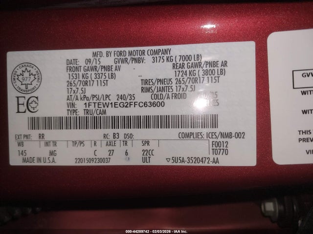 44289742 :رقم المزاد ، 1FTEW1EG2FFC63600 vin ، 2015 Ford F-150 Xlt مزاد بيع