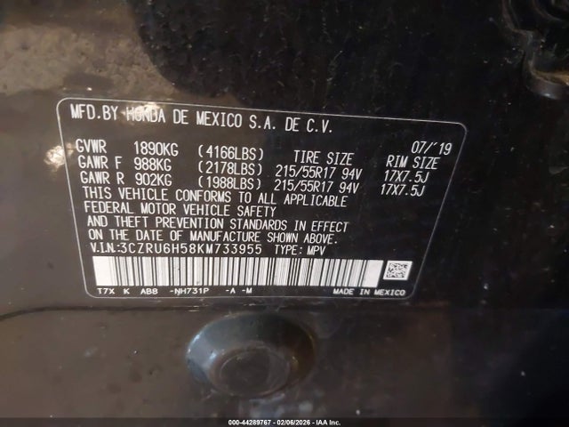 Продаж на аукціоні авто 2019 Honda Hr-v Ex, vin: 3CZRU6H58KM733955, номер лоту: 44289767