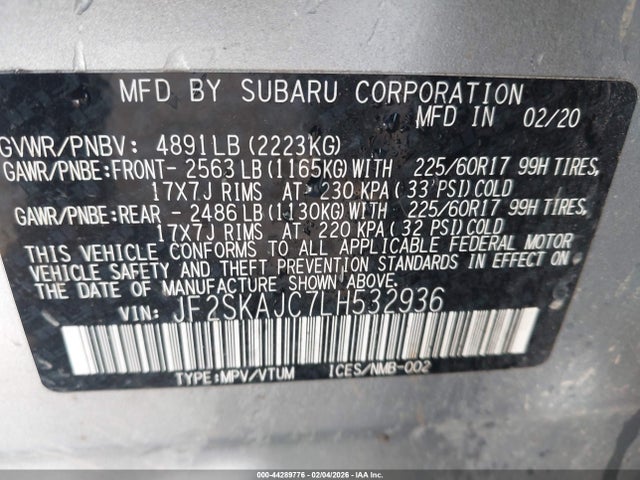 44289776 :رقم المزاد ، JF2SKAJC7LH532936 vin ، 2020 Subaru Forester Premium مزاد بيع