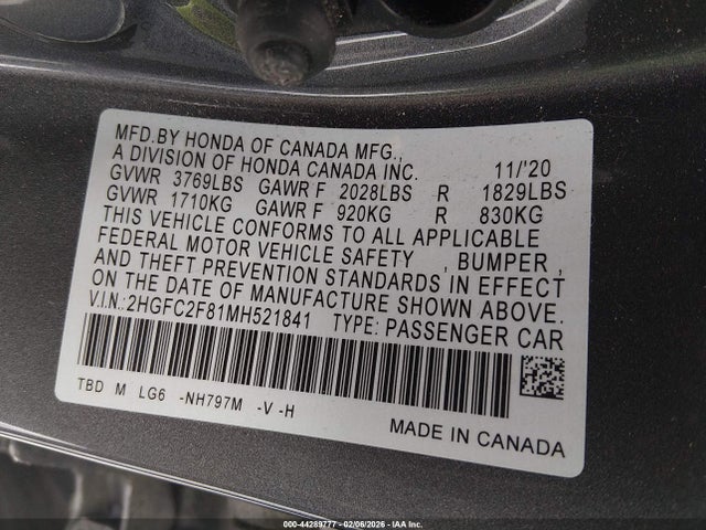 Продаж на аукціоні авто 2021 Honda Civic Sport, vin: 2HGFC2F81MH521841, номер лоту: 44289777