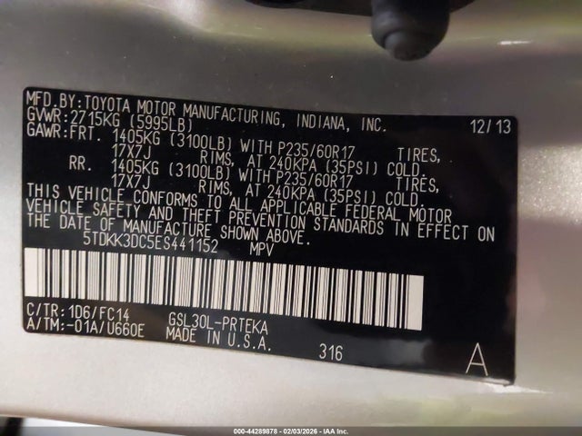 44289878 :رقم المزاد ، 5TDKK3DC5ES441152 vin ، 2014 Toyota Sienna Le V6 8 Passenger مزاد بيع