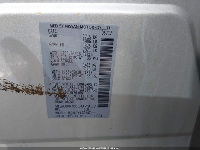 Aukcja sprzedaży 2013 Infiniti Jx35, vin: 5N1AL0MM7DC307917, numer aukcji: 44289998