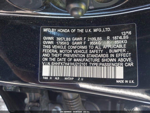 SHHFK7H41HU212101 Honda Civic Sport