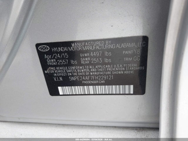 44290094 :رقم المزاد ، 5NPE24AF7FH229121 vin ، 2015 Hyundai Sonata Se مزاد بيع