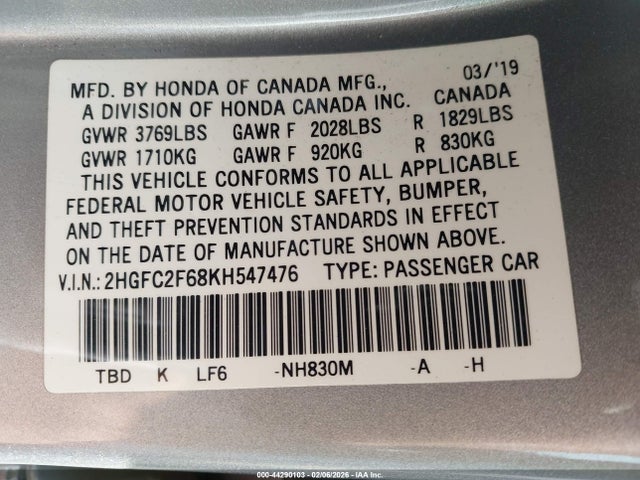 Honda Civic Lx 2019 2HGFC2F68KH547476 Image 9