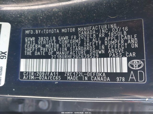 2T1BURHE2GC639529 Toyota COROLLA L