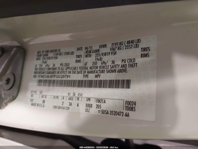 Aukcja sprzedaży 2015 Ford Escape Titanium, vin: 1FMCU9J97FUC25791, numer aukcji: 44290243