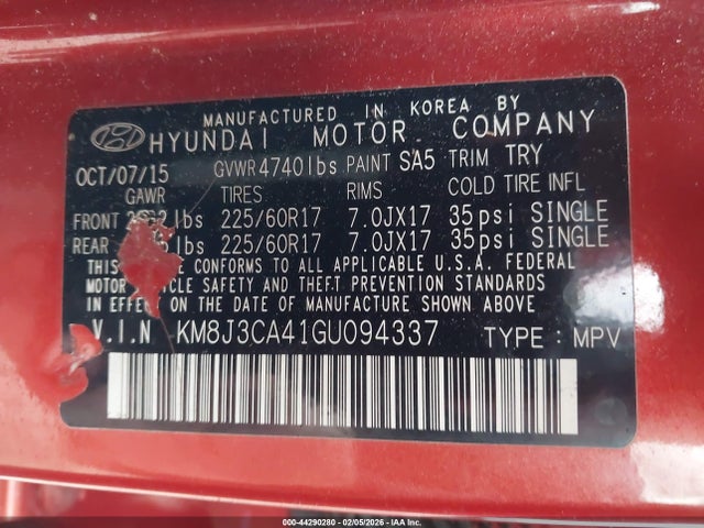 2016 Hyundai Tucson Se მანქანა იყიდება აუქციონზე, vin: KM8J3CA41GU094337, აუქციონის ნომერი: 44290280