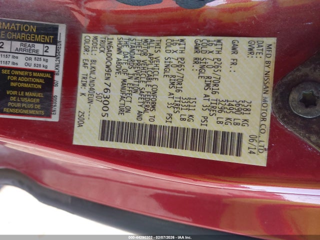 1N6AD0CW9EN763005 Nissan Frontier Sv