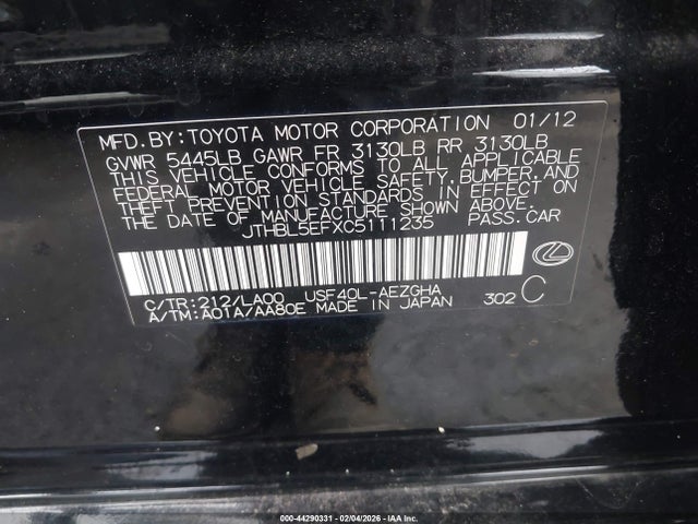 Aukcja sprzedaży 2012 Lexus Ls 460, vin: JTHBL5EFXC5111235, numer aukcji: 44290331