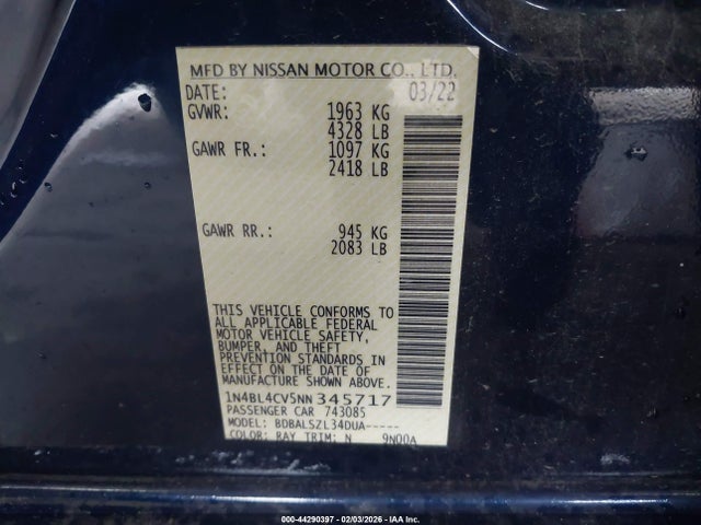 1N4BL4CV5NN345717 Nissan Altima Sr Fwd