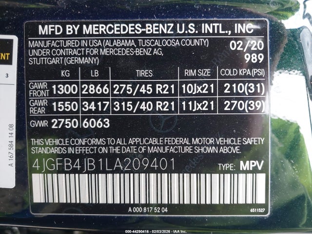 44290416 :رقم المزاد ، 4JGFB4JB1LA209401 vin ، 2020 Mercedes-benz Gle 350 مزاد بيع