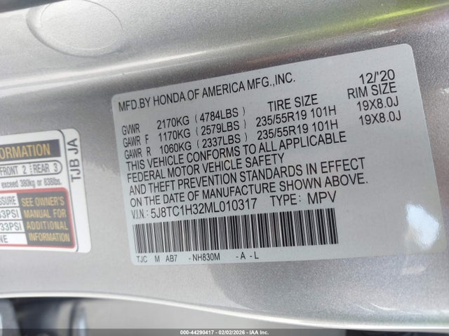 44290417 :رقم المزاد ، 5J8TC1H32ML010317 vin ، 2021 Acura Rdx Standard مزاد بيع