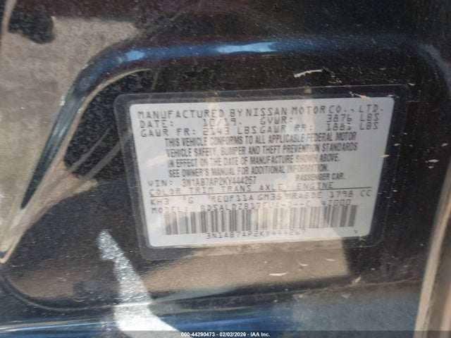 2019 Nissan Sentra Sv მანქანა იყიდება აუქციონზე, vin: 3N1AB7AP2KY444267, აუქციონის ნომერი: 44290473