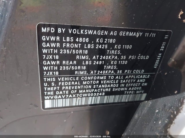 Продажа на аукционе авто 2012 Volkswagen Tiguan Se, vin: WVGAV7AX7CW003243, номер лота: 44290491
