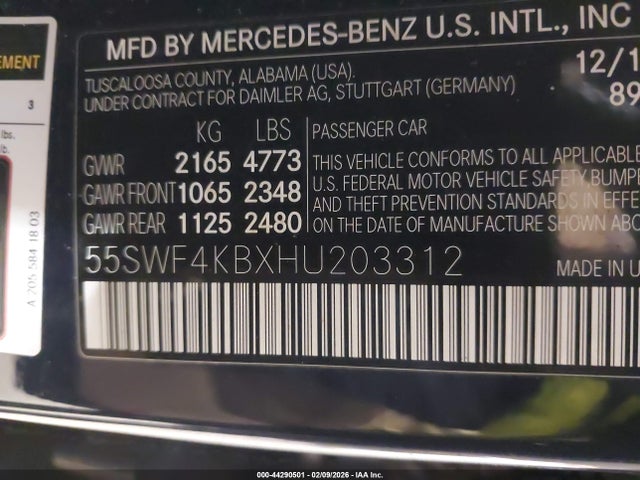 Продаж на аукціоні авто 2017 Mercedes-benz C 300 4matic, vin: 55SWF4KBXHU203312, номер лоту: 44290501