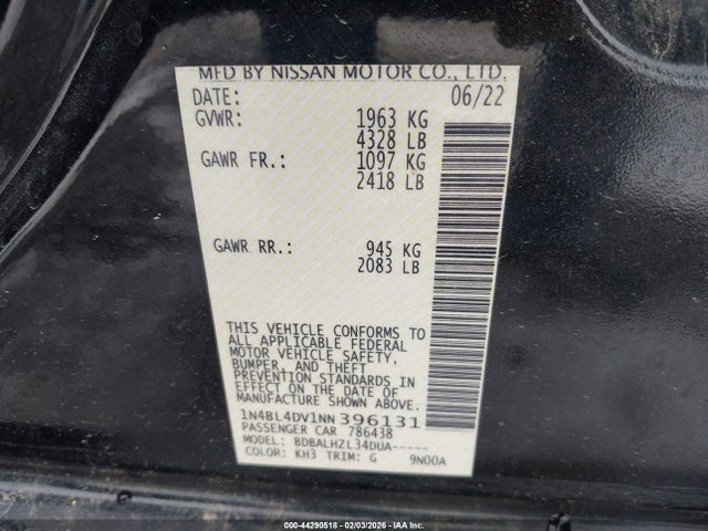 2022 Nissan Altima Sv Fwd მანქანა იყიდება აუქციონზე, vin: 1N4BL4DV1NN396131, აუქციონის ნომერი: 44290518