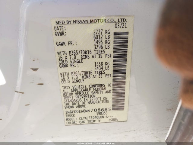 44290563 :رقم المزاد ، 1N6ED0EA0MN708685 vin ، 2021 Nissan Frontier Sv 4x2 مزاد بيع
