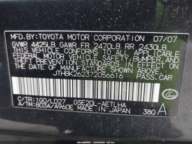 44290581 :رقم المزاد ، JTHBK262372056616 vin ، 2007 Lexus Is 250 مزاد بيع