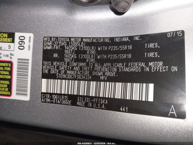 5TDYK3DC7FS634334 Toyota Sienna Limited Premium 7 Passenger