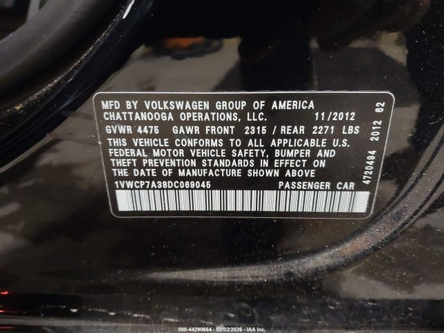 44290664 :رقم المزاد ، 1VWCP7A38DC069045 vin ، 2013 Volkswagen Passat 2.5l Sel Premium مزاد بيع
