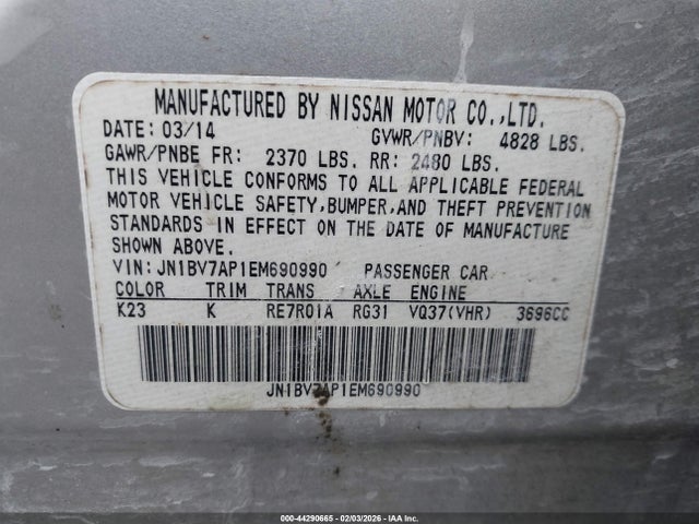 Продажа на аукционе авто 2014 Infiniti Q50, vin: JN1BV7AP1EM690990, номер лота: 44290665