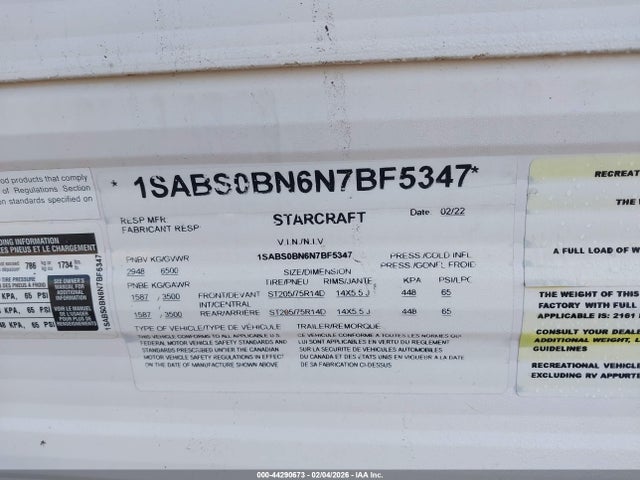 44290673 :رقم المزاد ، 1SABS0BN6N7BF5347 vin ، 2022 Starcraft Other مزاد بيع