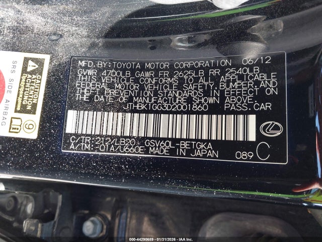 Aukcja sprzedaży 2013 Lexus Es 350, vin: JTHBK1GG3D2001860, numer aukcji: 44290689