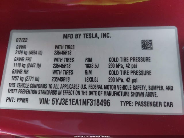 2022 TESLA MODEL 3 5YJ3E1EA1NF318496 Photo 8