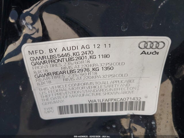 44290825 :رقم المزاد ، WA1LFAFPXCA071432 vin ، 2012 Audi Q5 2.0t Premium مزاد بيع
