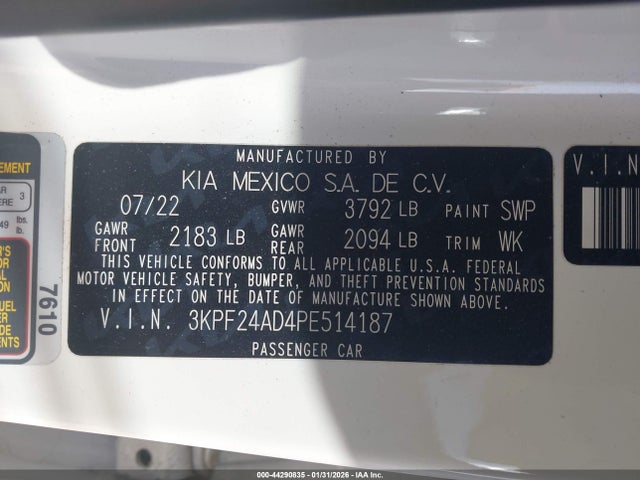 3KPF24AD4PE514187 KIA Forte Lxs