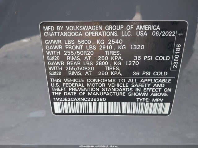 1V2JE2CAXNC226380 Volkswagen Atlas Cross Sport 3.6l V6 Se W/technology
