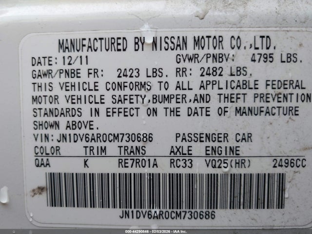 44290846 :رقم المزاد ، JN1DV6AR0CM730686 vin ، 2012 Infiniti G25x مزاد بيع