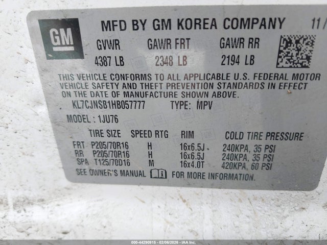 KL7CJNSB1HB057777 Chevrolet TRAX LS