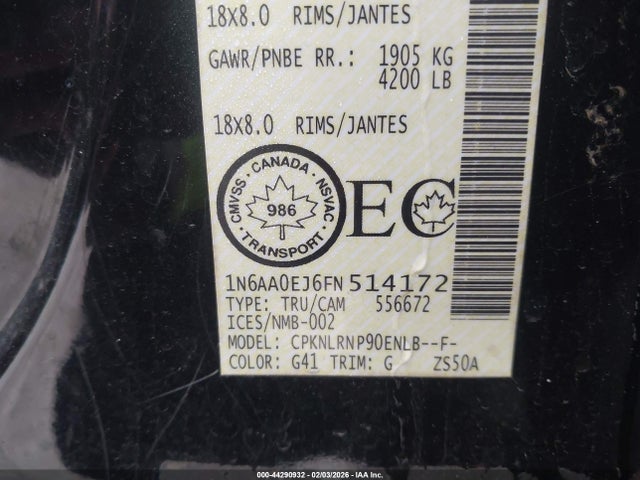 1N6AA0EJ6FN514172 Nissan Titan Pro-4x/s/sl/sv