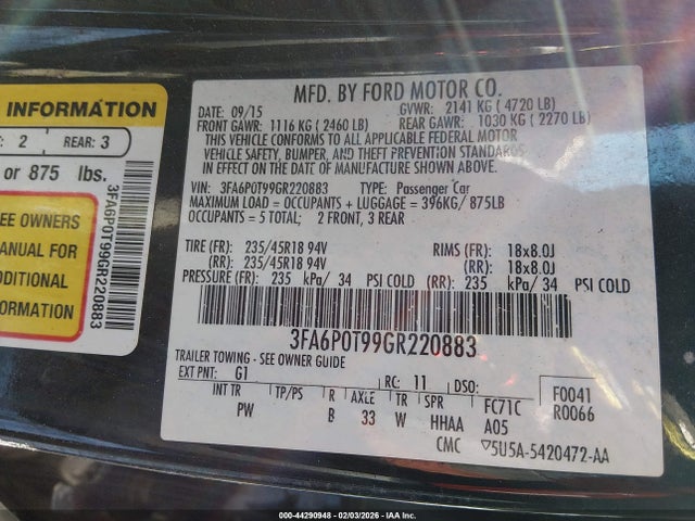 Ford FUSION SE 2016 3FA6P0T99GR220883 Image 9