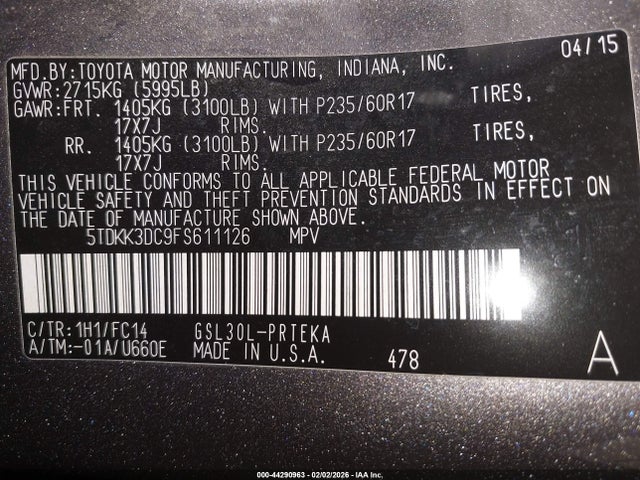 5TDKK3DC9FS611126 Toyota Sienna Le 8 Passenger
