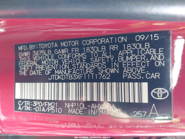 JTDKDTB3XF1111762 Toyota Prius C Two