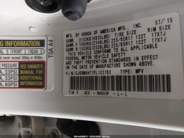 44290972 :رقم المزاد ، 5J6RM4H77FL103762 vin ، 2015 Honda Cr-v Ex-l مزاد بيع