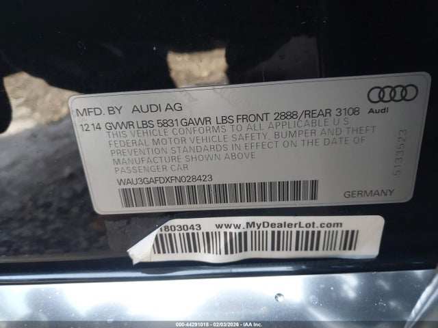 2015 Audi A8 L 3.0t მანქანა იყიდება აუქციონზე, vin: WAU3GAFDXFN028423, აუქციონის ნომერი: 44291018