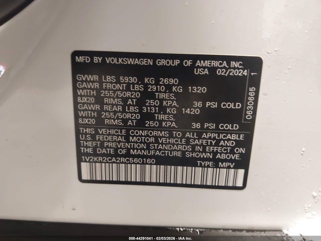 Продаж на аукціоні авто 2024 Volkswagen Atlas 2.0t Se W/technology, vin: 1V2KR2CA2RC560160, номер лоту: 44291041