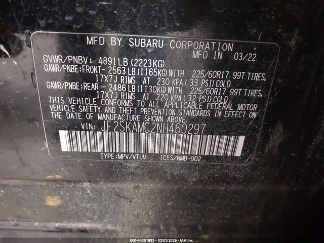 Продажа на аукционе авто 2022 Subaru Forester Wilderness, vin: JF2SKAMC2NH460297, номер лота: 44291093