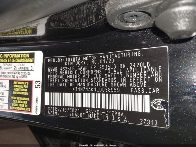 2020 Toyota Camry Trd მანქანა იყიდება აუქციონზე, vin: 4T1NZ1AK1LU038959, აუქციონის ნომერი: 44291121