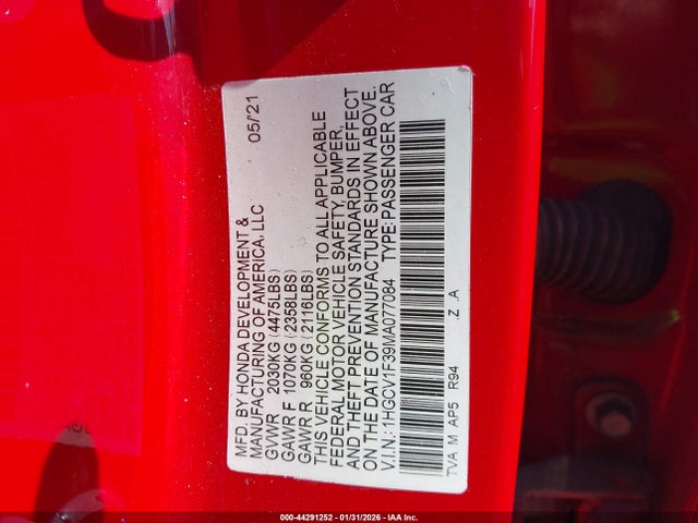 1HGCV1F39MA077084 Honda Accord Sport