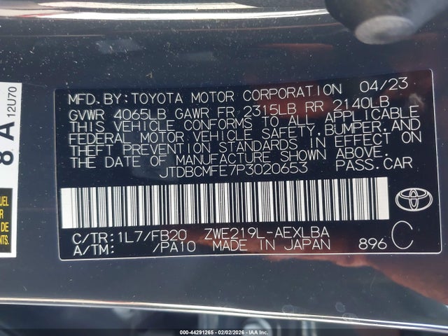 44291265 :رقم المزاد ، JTDBCMFE7P3020653 vin ، 2023 Toyota Corolla Hybrid Le مزاد بيع