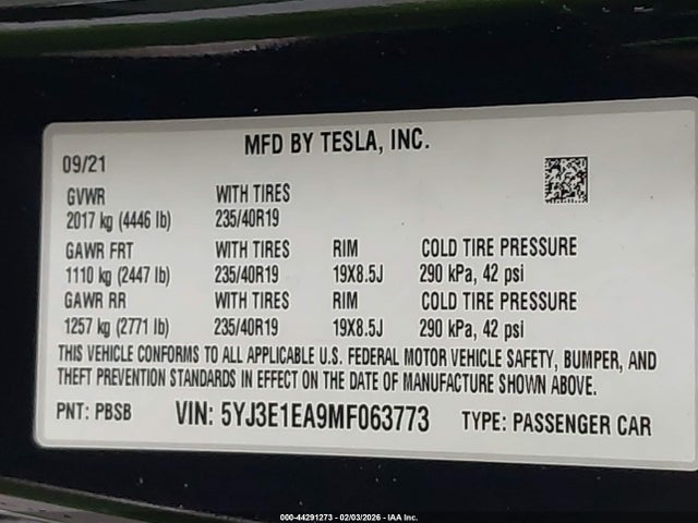 44291273 :رقم المزاد ، 5YJ3E1EA9MF063773 vin ، 2021 Tesla Model 3 Standard Range Plus Rear-wheel Drive مزاد بيع