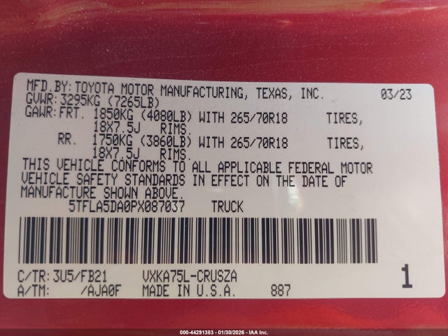 5TFLA5DA0PX087037 Toyota Tundra Sr5