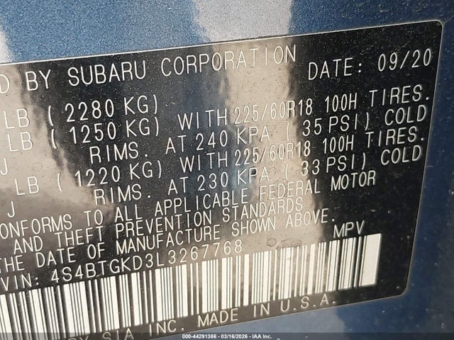 Продажа на аукционе авто 2020 Subaru Outback Onyx Edition Xt, vin: 4S4BTGKD3L3267768, номер лота: 44291386