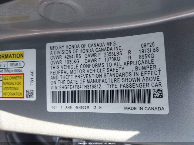 2HGFE4F84TH316812 Honda Civic Hybrid Sport/sport Touring
